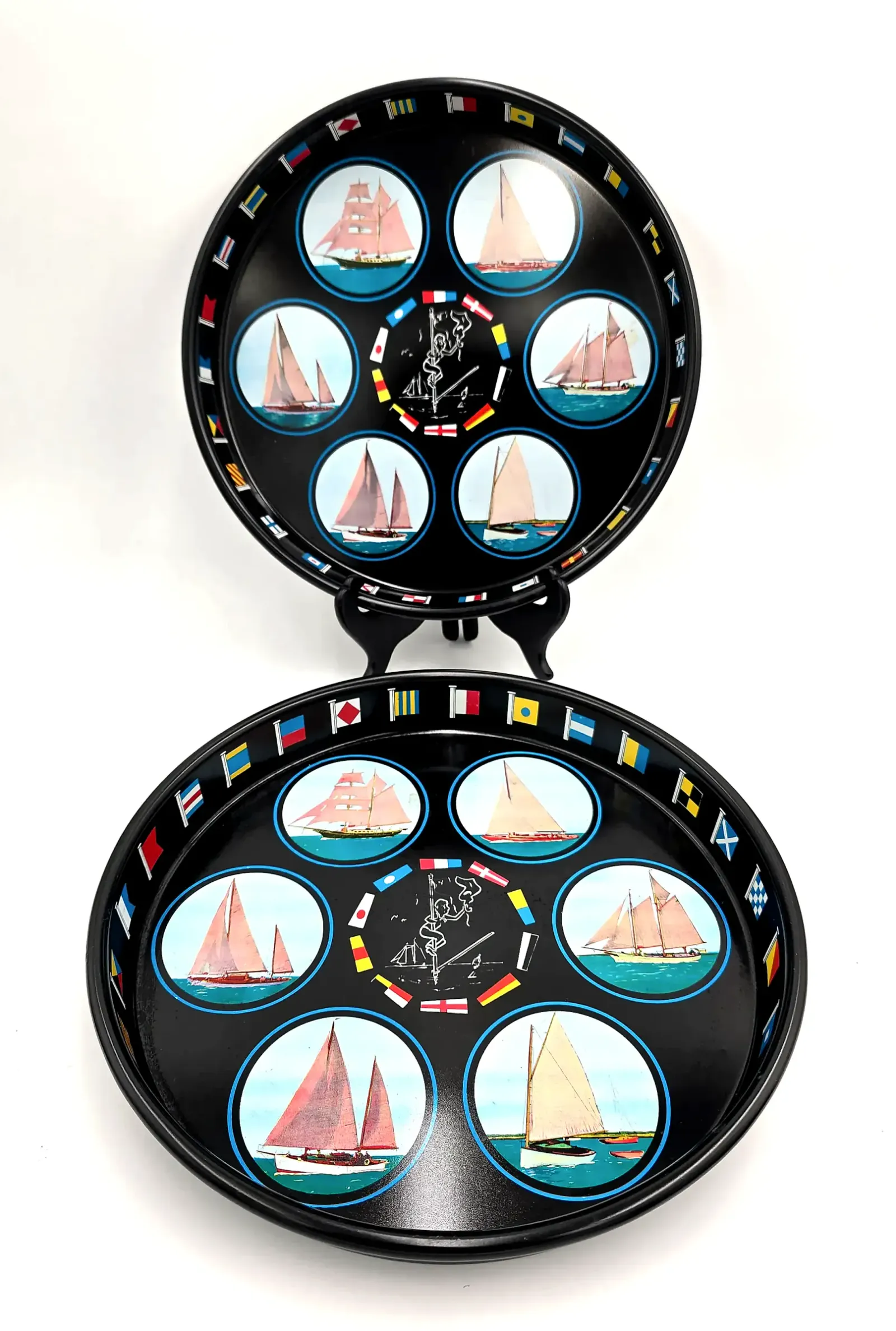 Set 2 Nautical Metal Bar Trays Tin Litho Sailboats Signal Flags Cartoon