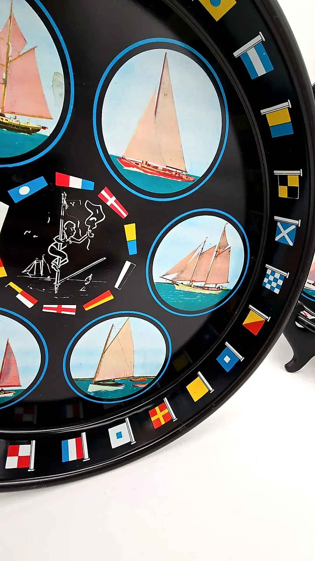 Set 2 Nautical Metal Bar Trays Tin Litho Sailboats Signal Flags Cartoon — underside