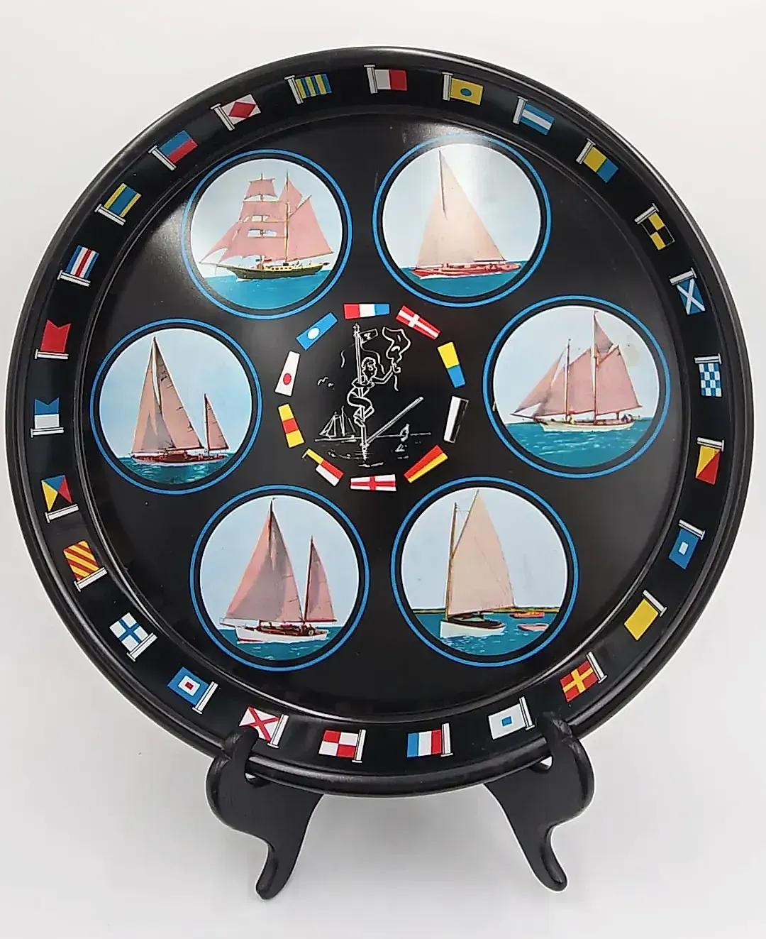 Set 2 Nautical Metal Bar Trays Tin Litho Sailboats Signal Flags Cartoon — detail