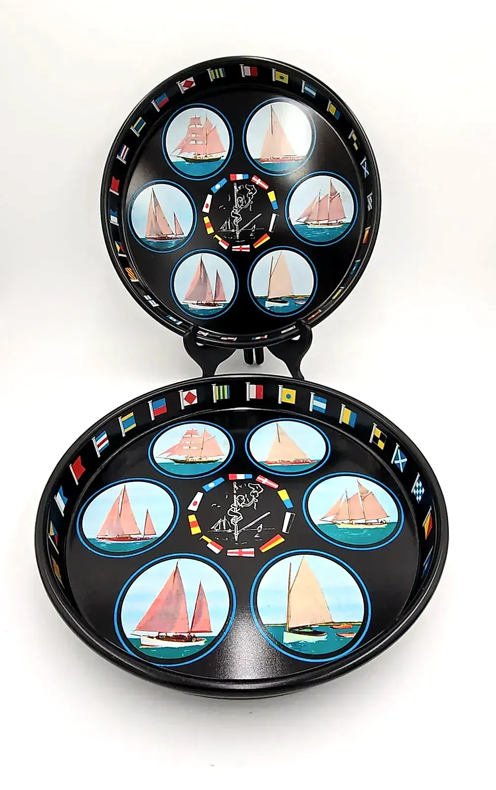 Set 2 Nautical Metal Bar Trays Tin Litho Sailboats Signal Flags Cartoon — side view