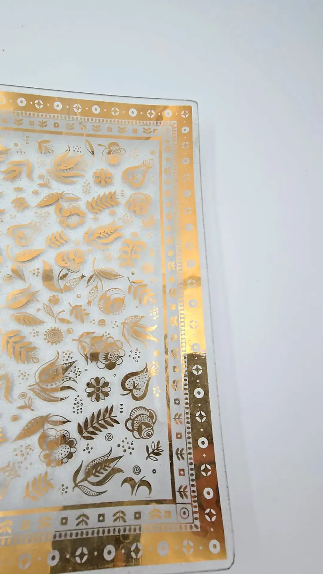 Vintage Mid Century 22K Gold Bent Glass Square Serving Tray Floral Scroll