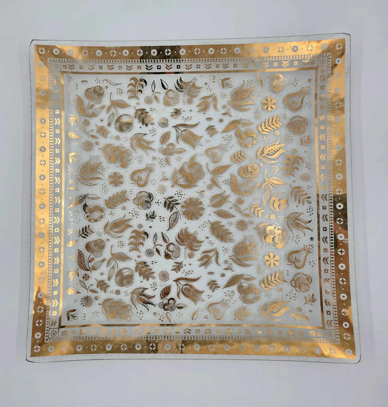Vintage Mid Century 22K Gold Bent Glass Square Serving Tray Floral Scroll