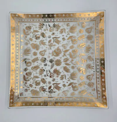 Vintage Mid Century 22K Gold Bent Glass Square Serving Tray Floral Scroll