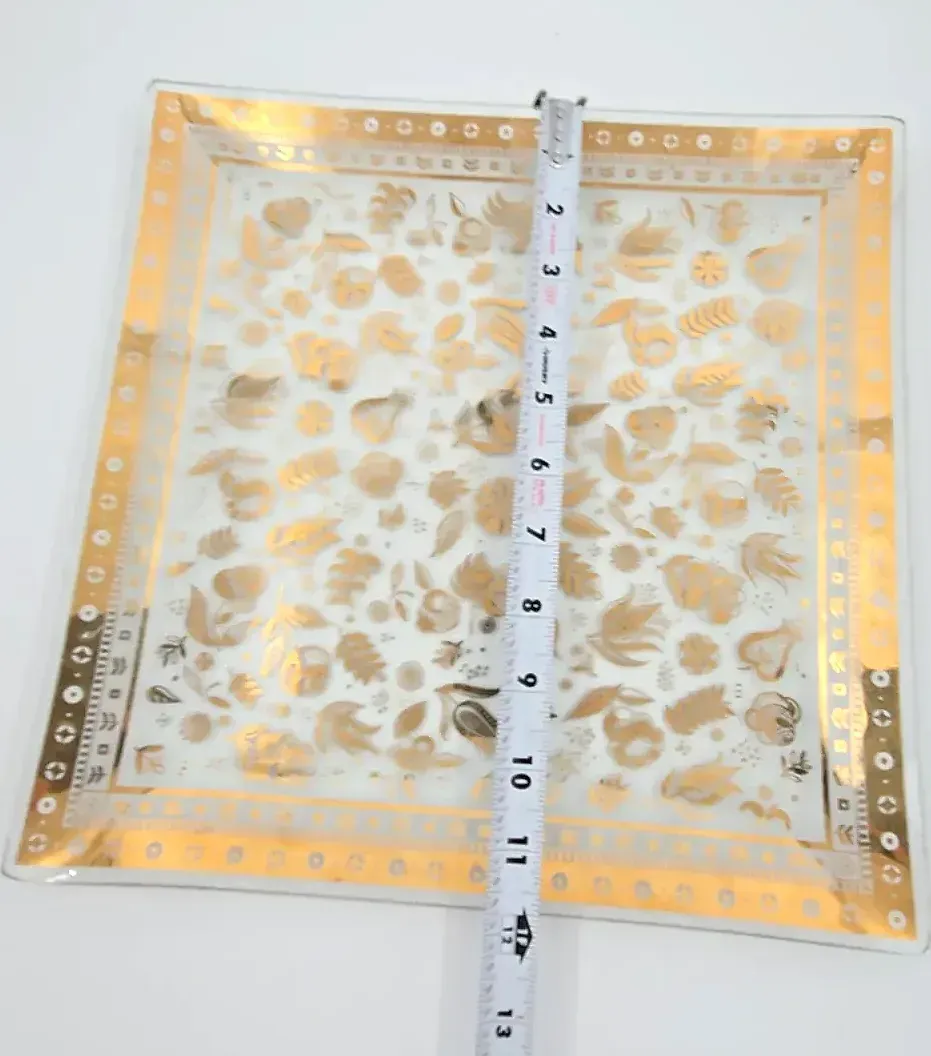 Vintage Mid Century 22K Gold Bent Glass Square Serving Tray Floral Scroll