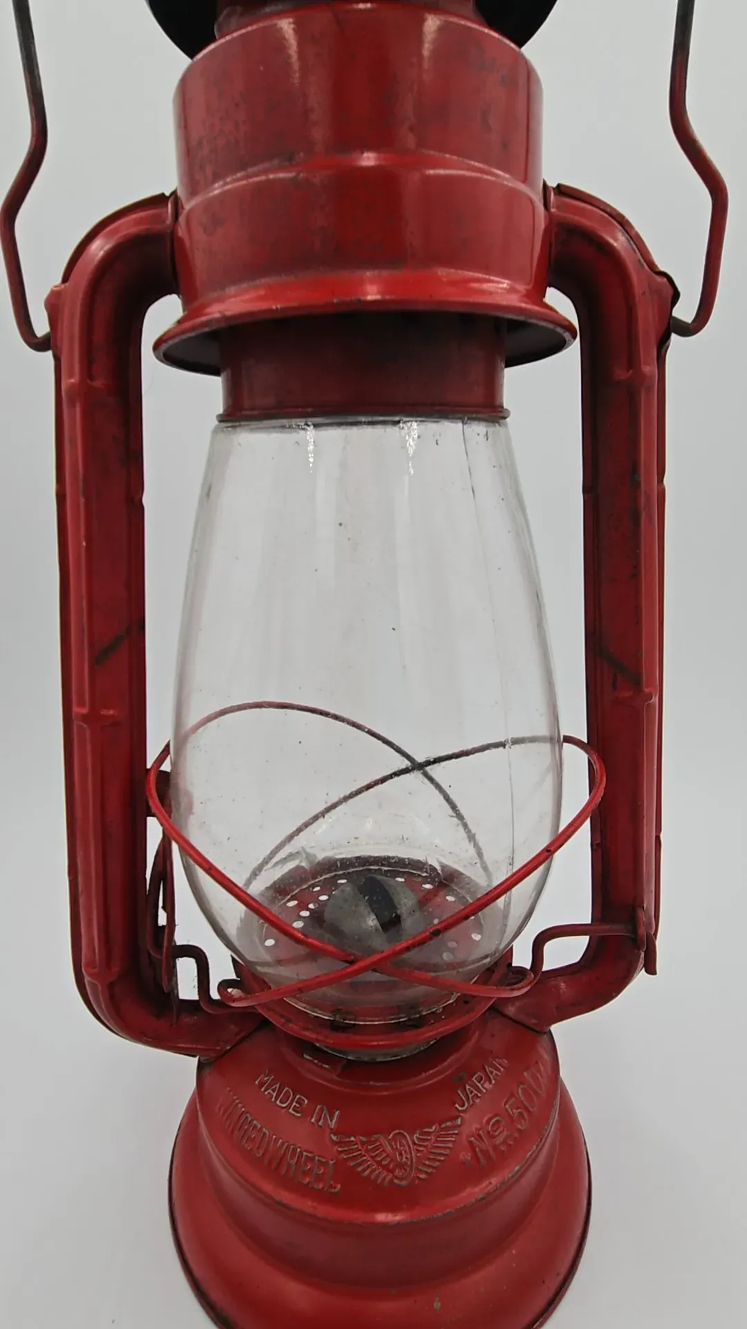 Vintage Winged Wheel No. 500 Red Hurricane Lantern Made in Japan Kerosene Lamp