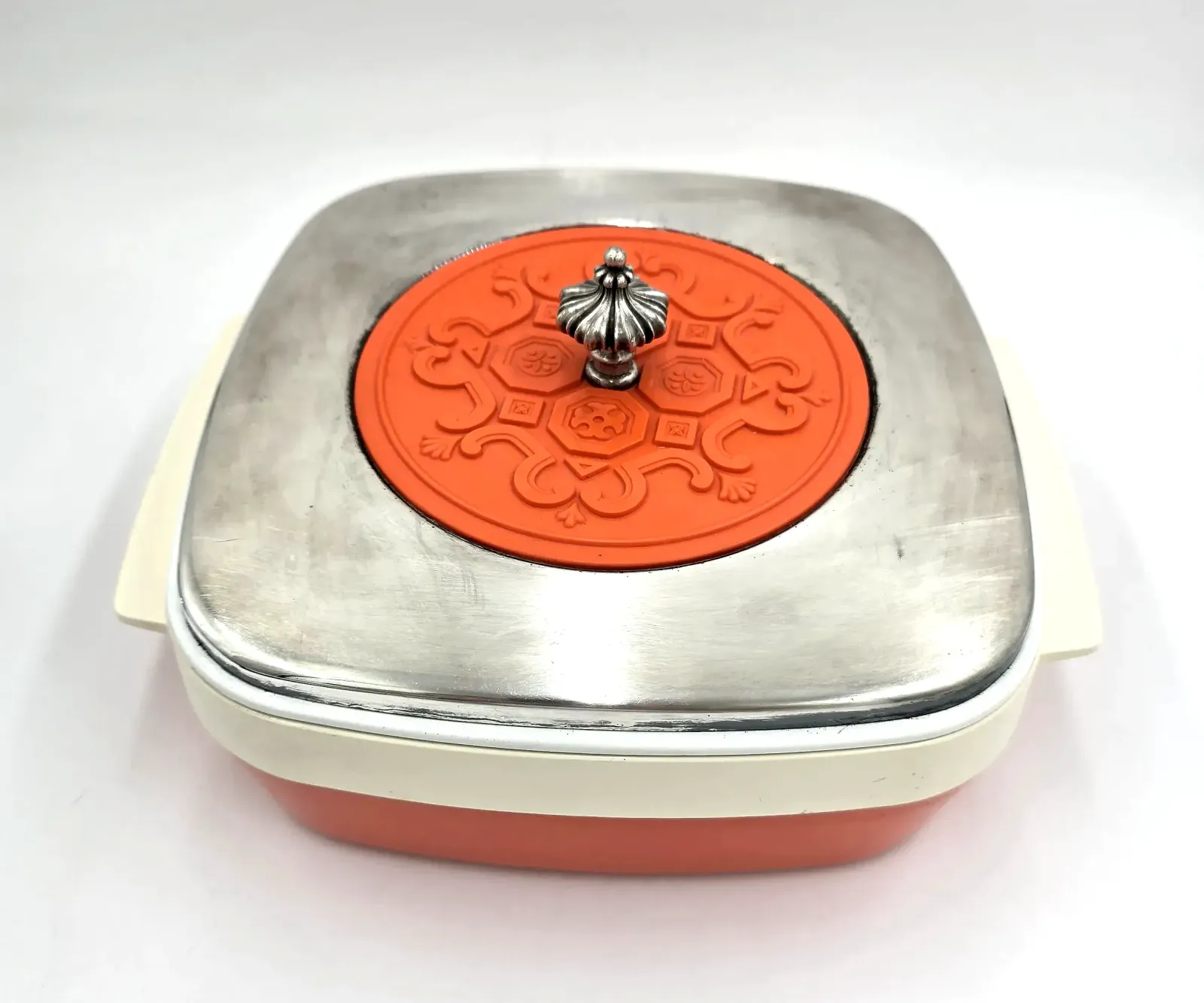 Vintage Gorham Silverplate Spanish Collection Orange Insulated Casserole Dish — side view