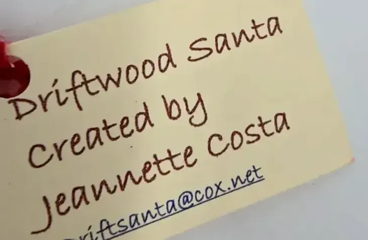 Jeannette Costa Driftwood Santa Ornament Hand Painted Folk Art — maker's mark