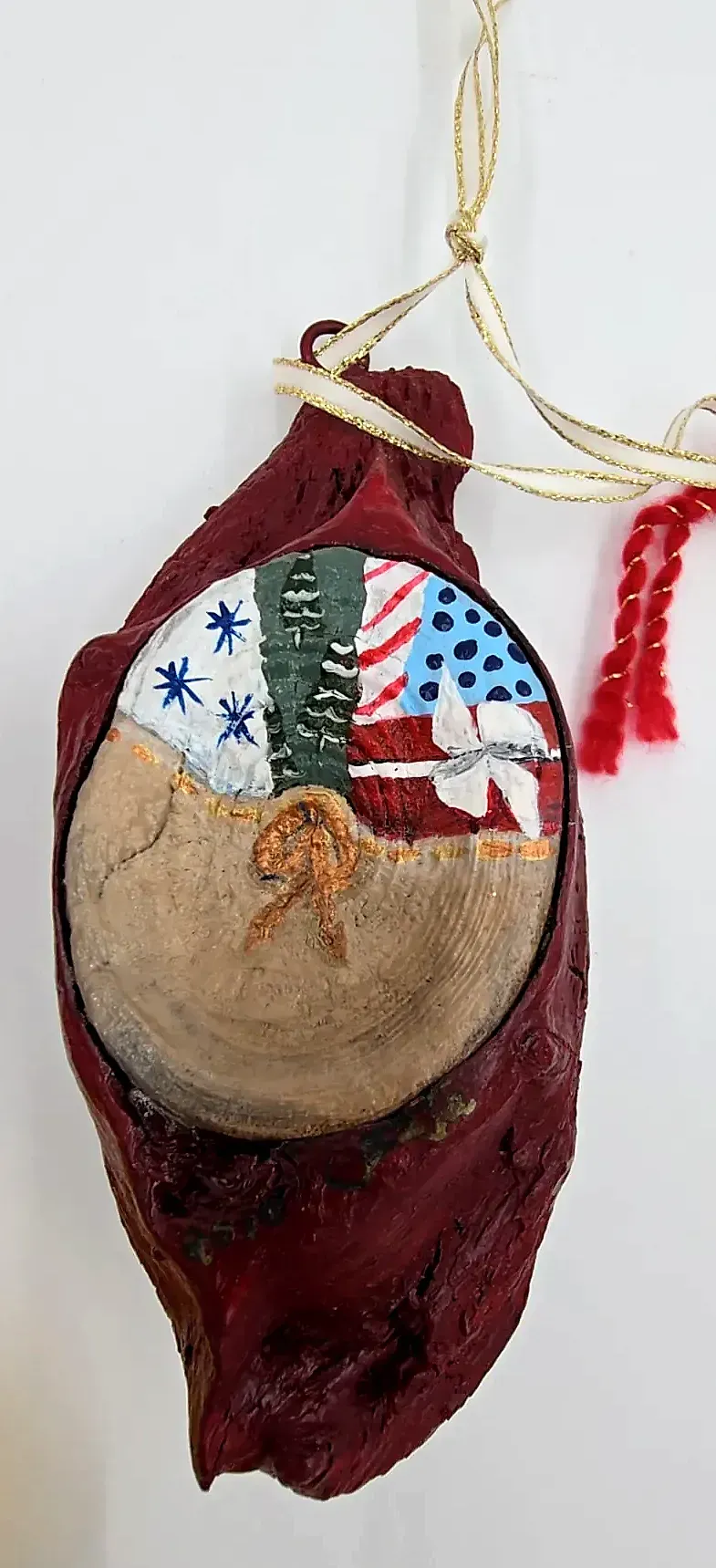 Jeannette Costa Driftwood Santa Ornament Hand Painted Folk Art — detail