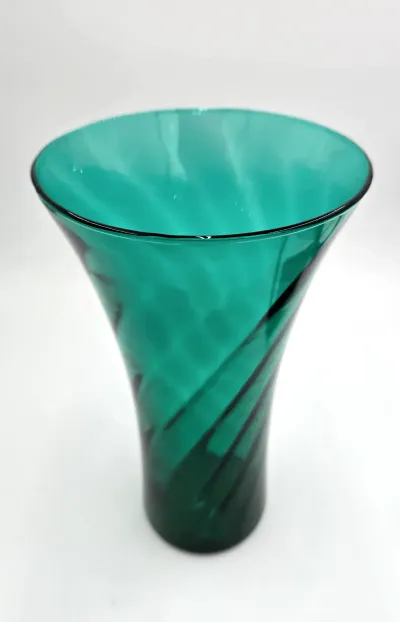Vintage MCM Teal Green Art Glass Swirl Optic Trumpet Vase Flared Rim