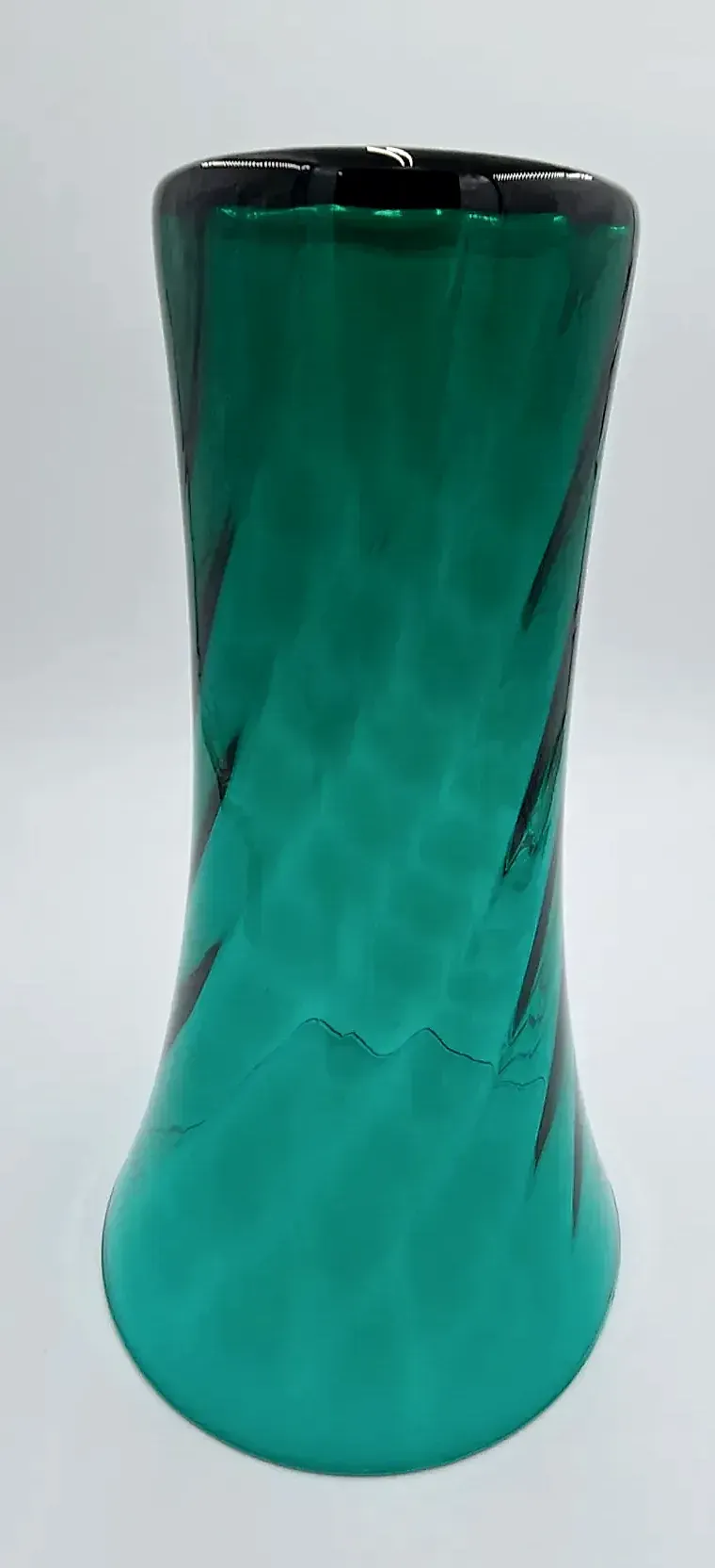 Vintage MCM Teal Green Art Glass Swirl Optic Trumpet Vase Flared Rim — underside