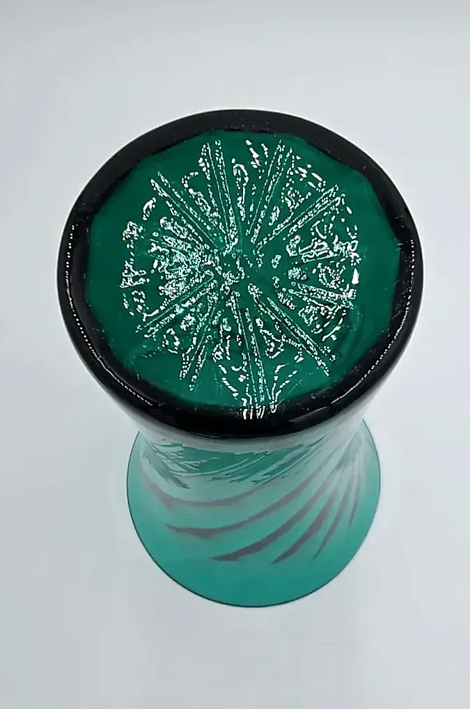 Vintage MCM Teal Green Art Glass Swirl Optic Trumpet Vase Flared Rim — maker's mark