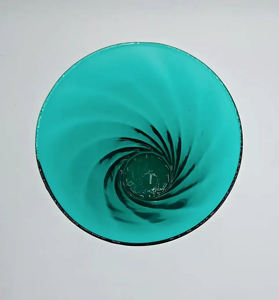 Vintage MCM Teal Green Art Glass Swirl Optic Trumpet Vase Flared Rim — detail
