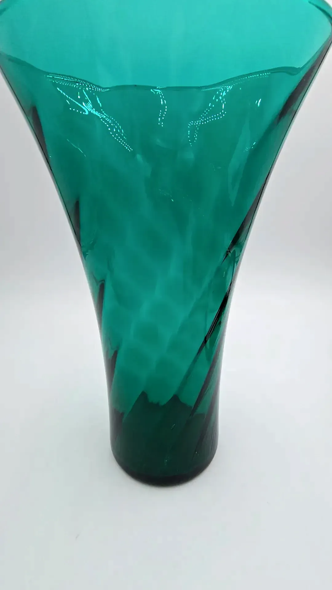 Vintage MCM Teal Green Art Glass Swirl Optic Trumpet Vase Flared Rim — side view