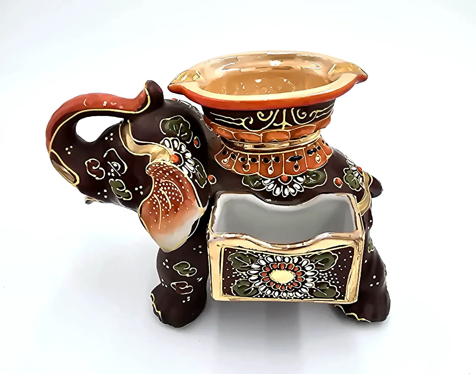 Vintage Satsuma Style Elephant Ashtray Cigarette Match Holder Hand Painted Japan
