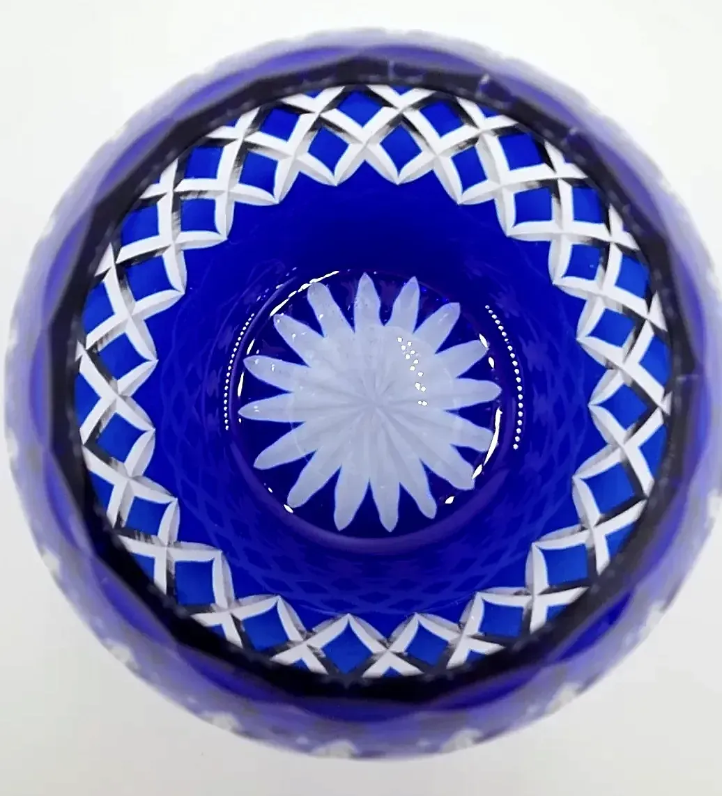 Vintage Hand Cut Cobalt Blue Overlay Crystal Pineapple Rose Bowl Votive Holder