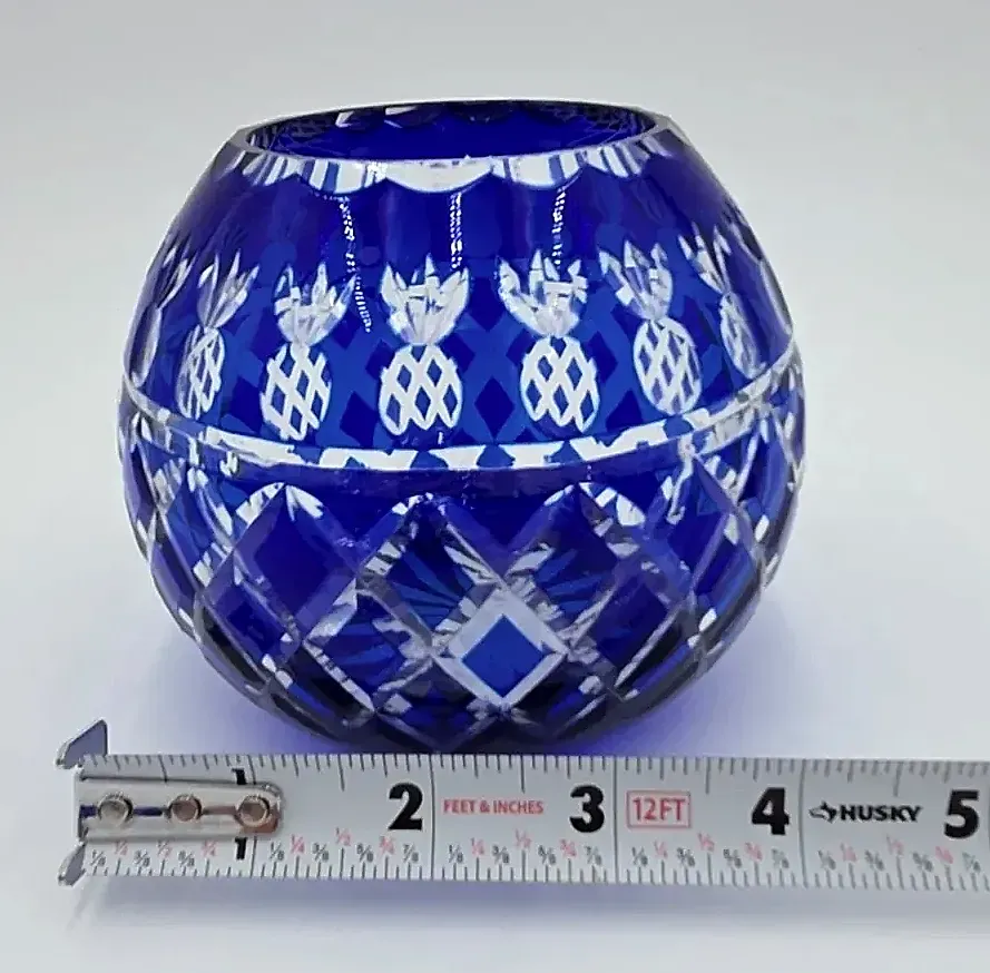 Vintage Hand Cut Cobalt Blue Overlay Crystal Pineapple Rose Bowl Votive Holder