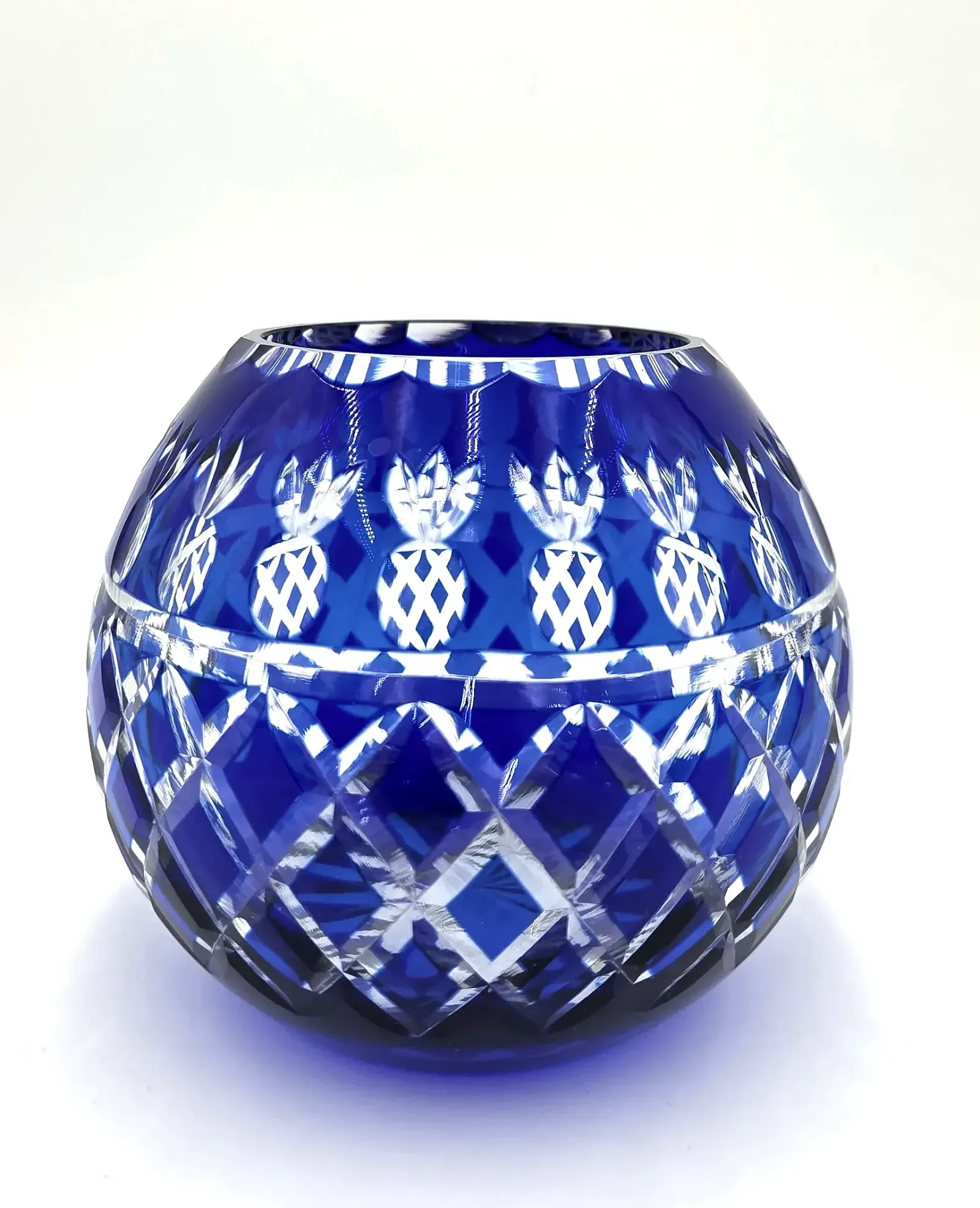 Vintage Hand Cut Cobalt Blue Overlay Crystal Pineapple Rose Bowl Votive Holder
