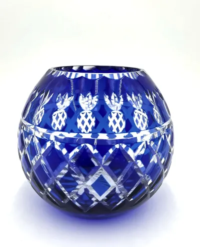 Vintage Hand Cut Cobalt Blue Overlay Crystal Pineapple Rose Bowl Votive Holder