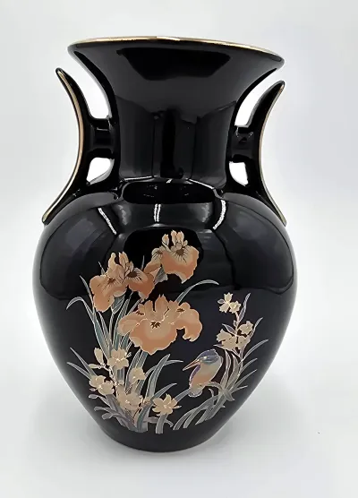 Vintage Japanese Black Porcelain Double Handle Vase – Bird & Iris Floral Design
