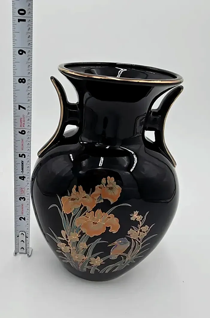 Vintage Japanese Black Porcelain Double Handle Vase – Bird & Iris Floral Design