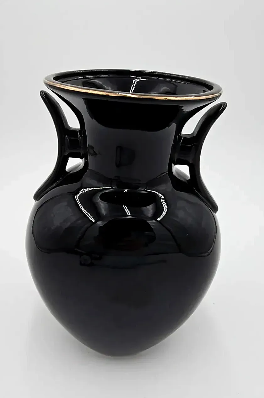 Vintage Japanese Black Porcelain Double Handle Vase – Bird & Iris Floral Design