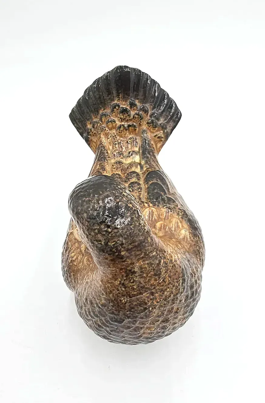 Vintage Made In Japan Ceramic Bird Figurine Preening Brown Glaze — underside