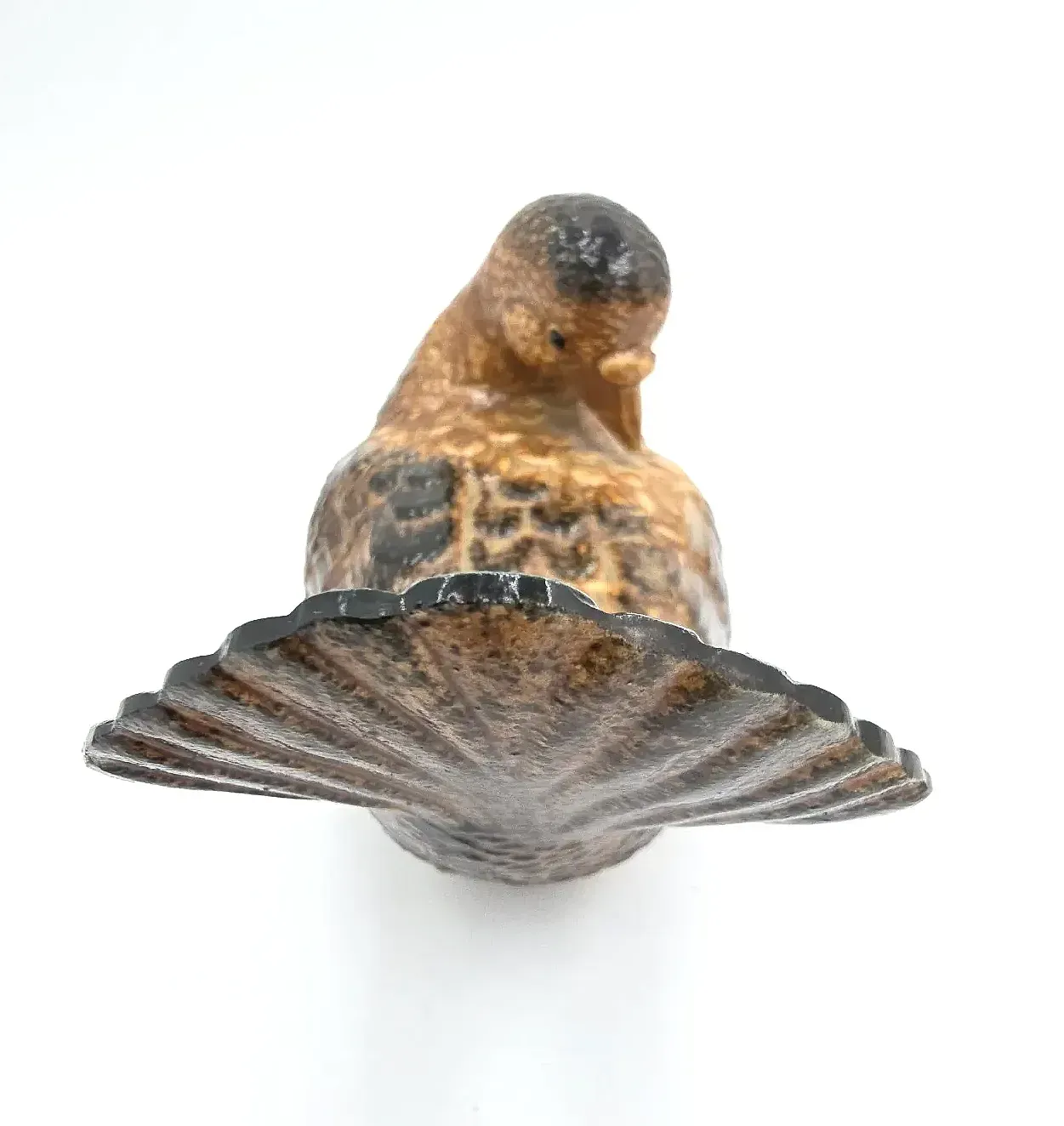 Vintage Made In Japan Ceramic Bird Figurine Preening Brown Glaze — side view