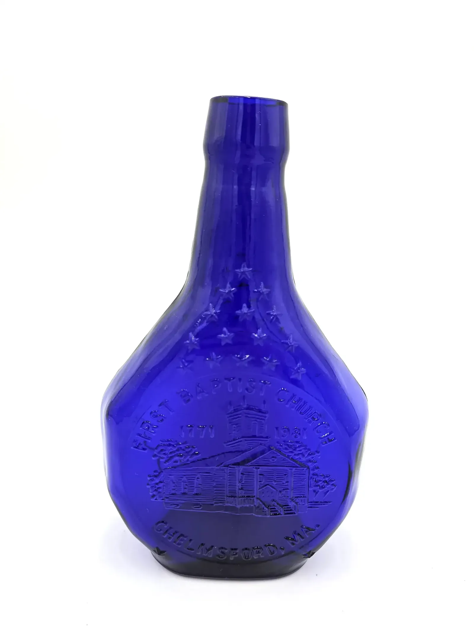 1981 First Baptist Church Chelmsford MA Cobalt Blue Commemorative Glass Bottle