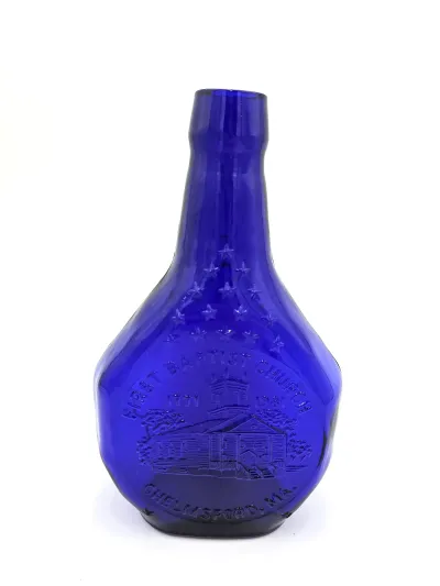 1981 First Baptist Church Chelmsford MA Cobalt Blue Commemorative Glass Bottle