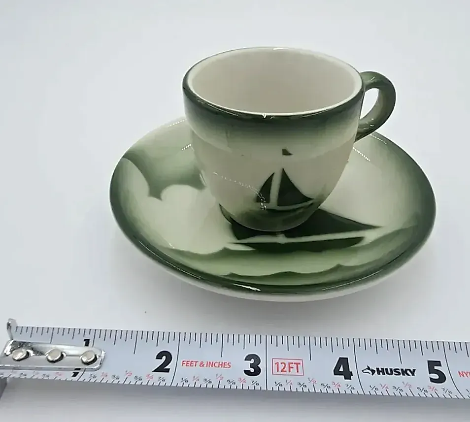Vintage Jackson China Sailboat Cup & Saucer Restaurant Ware Falls Creek PA Green