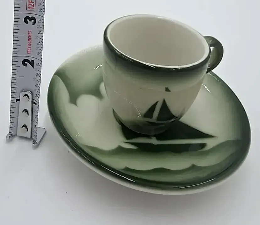 Vintage Jackson China Sailboat Cup & Saucer Restaurant Ware Falls Creek PA Green