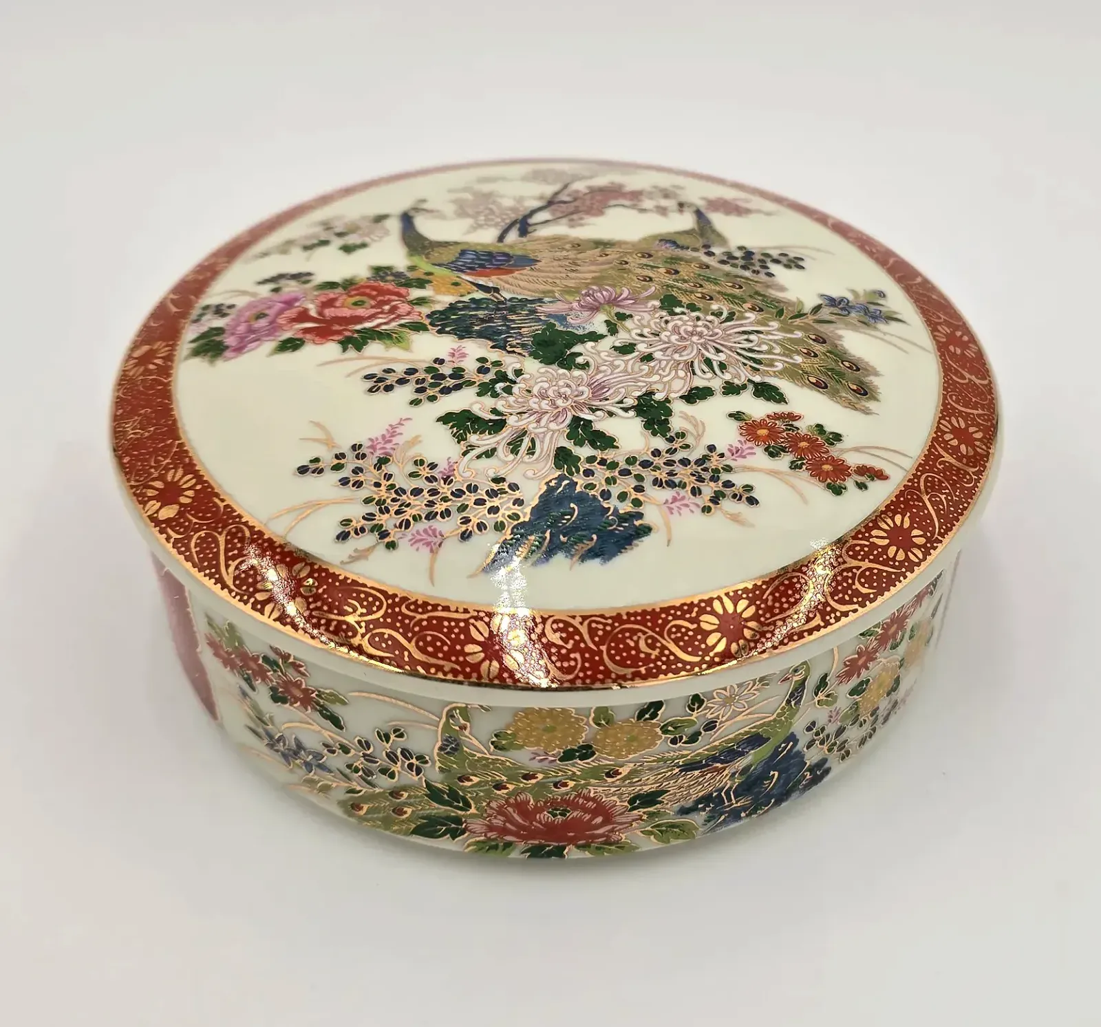 Vintage Japanese Satsuma Lidded Trinket Box with Peacocks