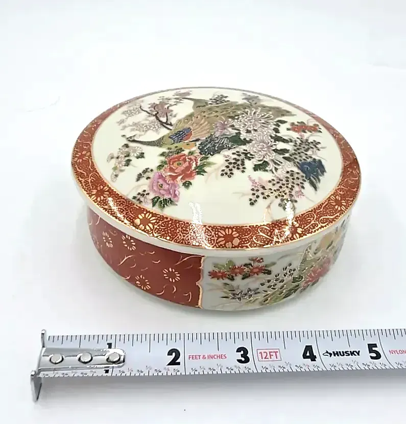 Vintage Japanese Satsuma Lidded Trinket Box with Peacocks