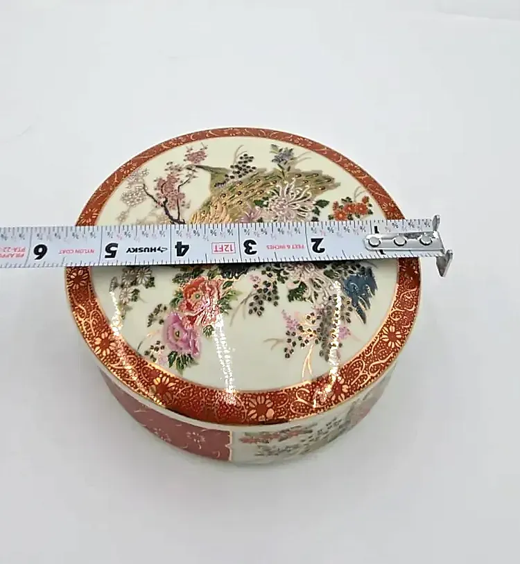 Vintage Japanese Satsuma Lidded Trinket Box with Peacocks