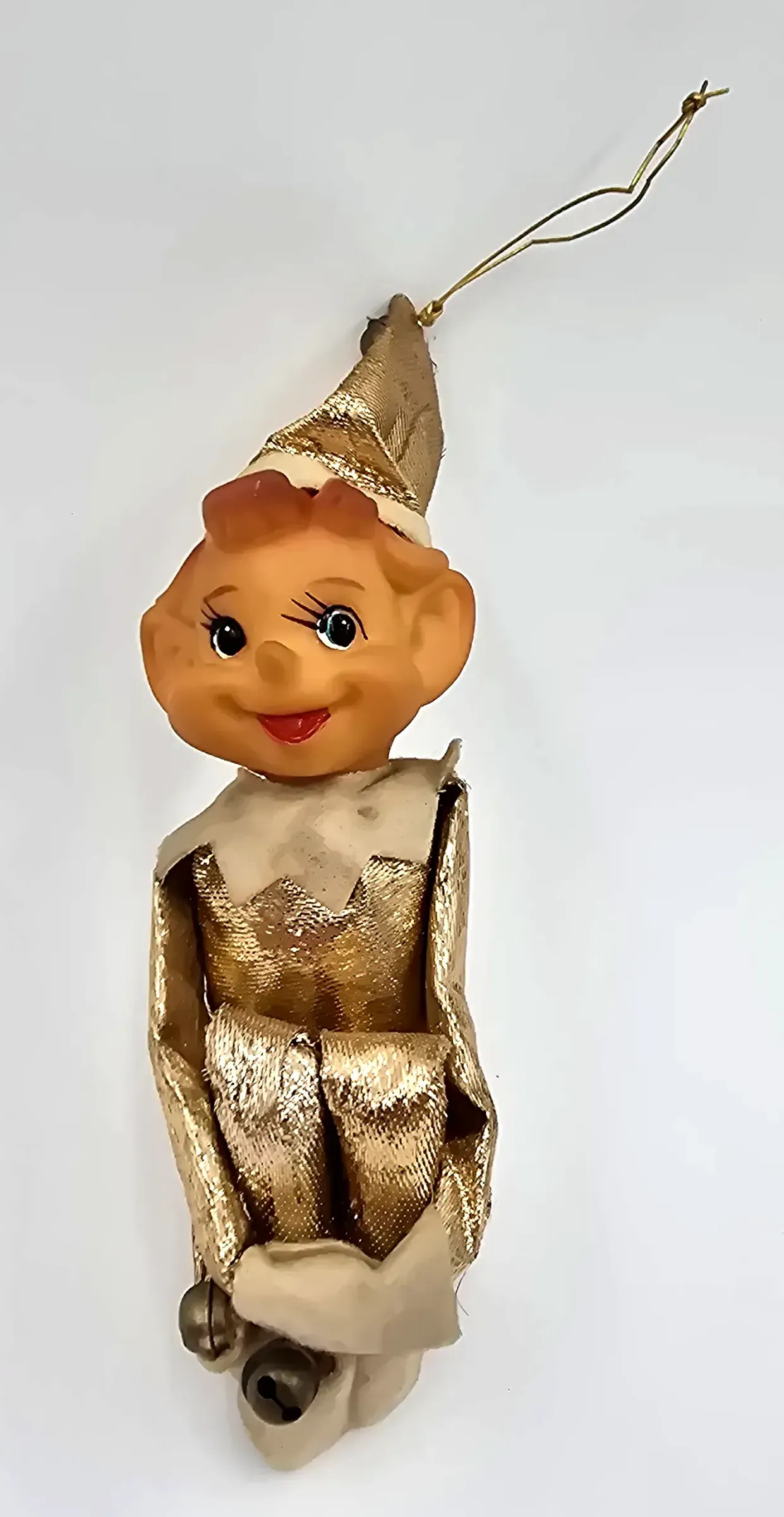 Vintage Mid Century Gold Pixie Elf Knee Hugger Christmas Ornament Japan