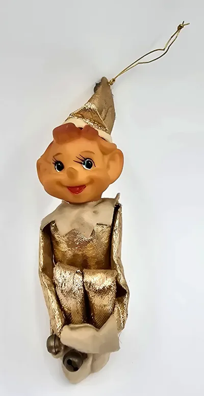 Vintage Mid Century Gold Pixie Elf Knee Hugger Christmas Ornament Japan