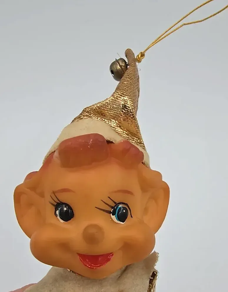 Vintage Mid Century Gold Pixie Elf Knee Hugger Christmas Ornament Japan — side view