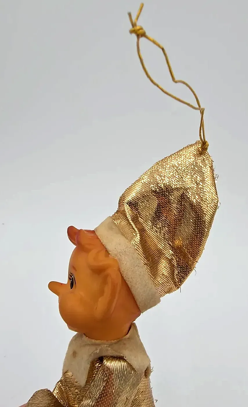 Vintage Mid Century Gold Pixie Elf Knee Hugger Christmas Ornament Japan — maker's mark