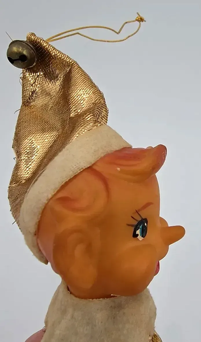 Vintage Mid Century Gold Pixie Elf Knee Hugger Christmas Ornament Japan — detail