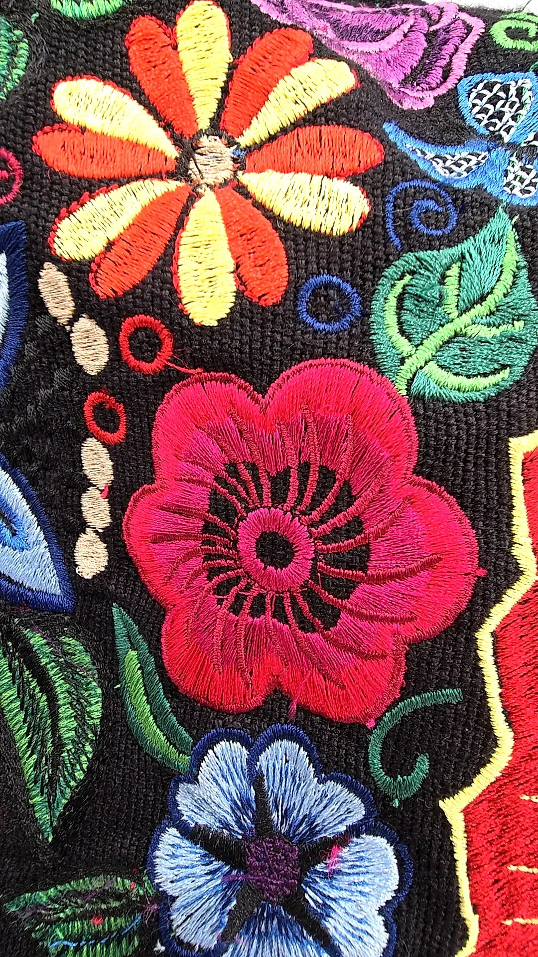 Mexican Embroidered Tote Bag Our Lady of Guadalupe Black Canvas Floral Purse — maker's mark