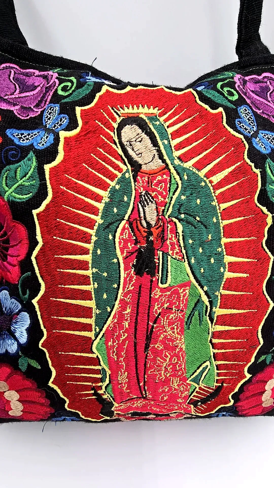 Mexican Embroidered Tote Bag Our Lady of Guadalupe Black Canvas Floral Purse — detail