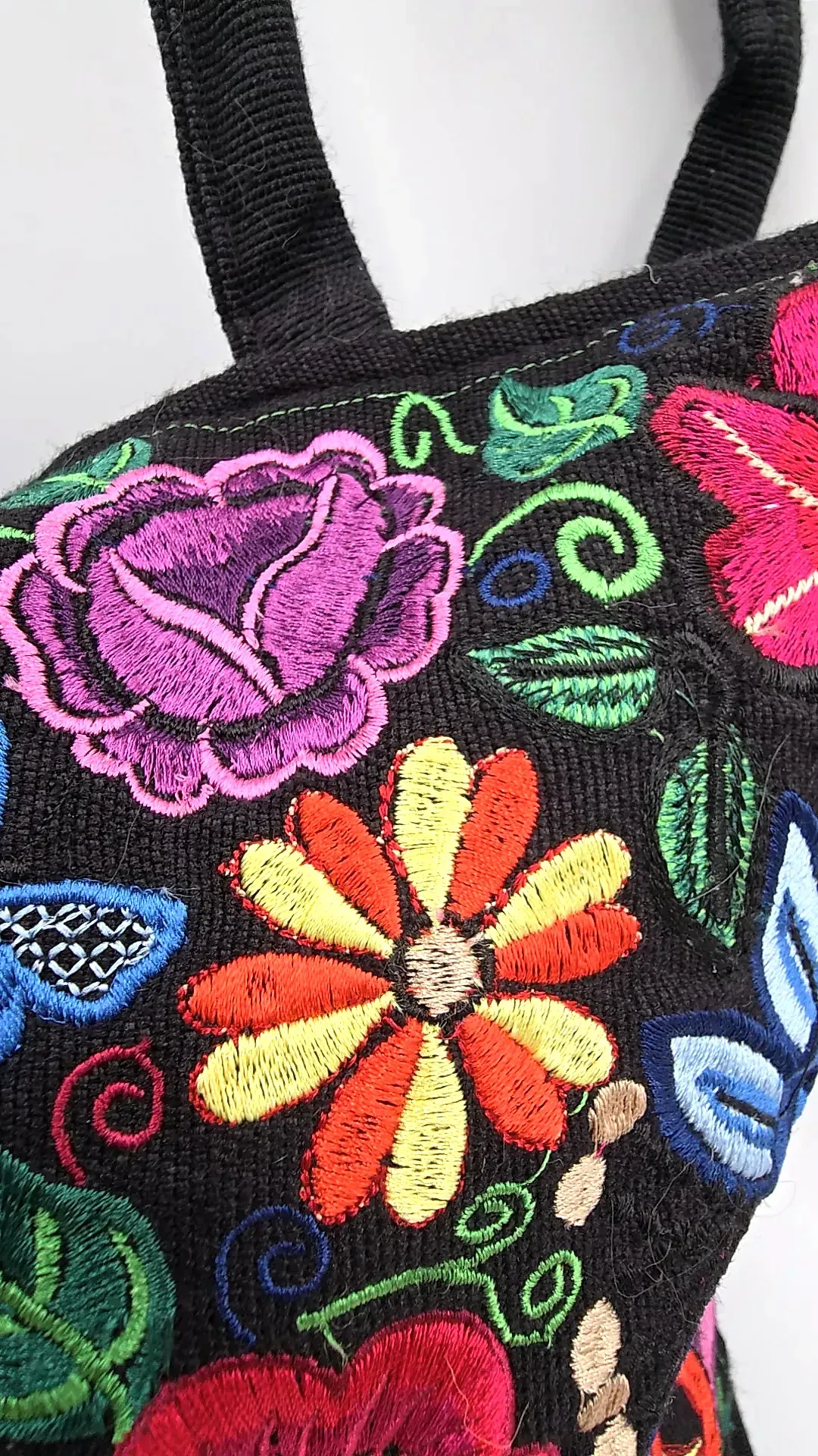 Mexican Embroidered Tote Bag Our Lady of Guadalupe Black Canvas Floral Purse — underside