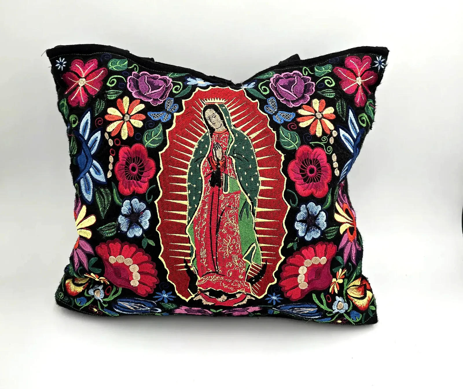 Mexican Embroidered Tote Bag Our Lady of Guadalupe Black Canvas Floral Purse — side view