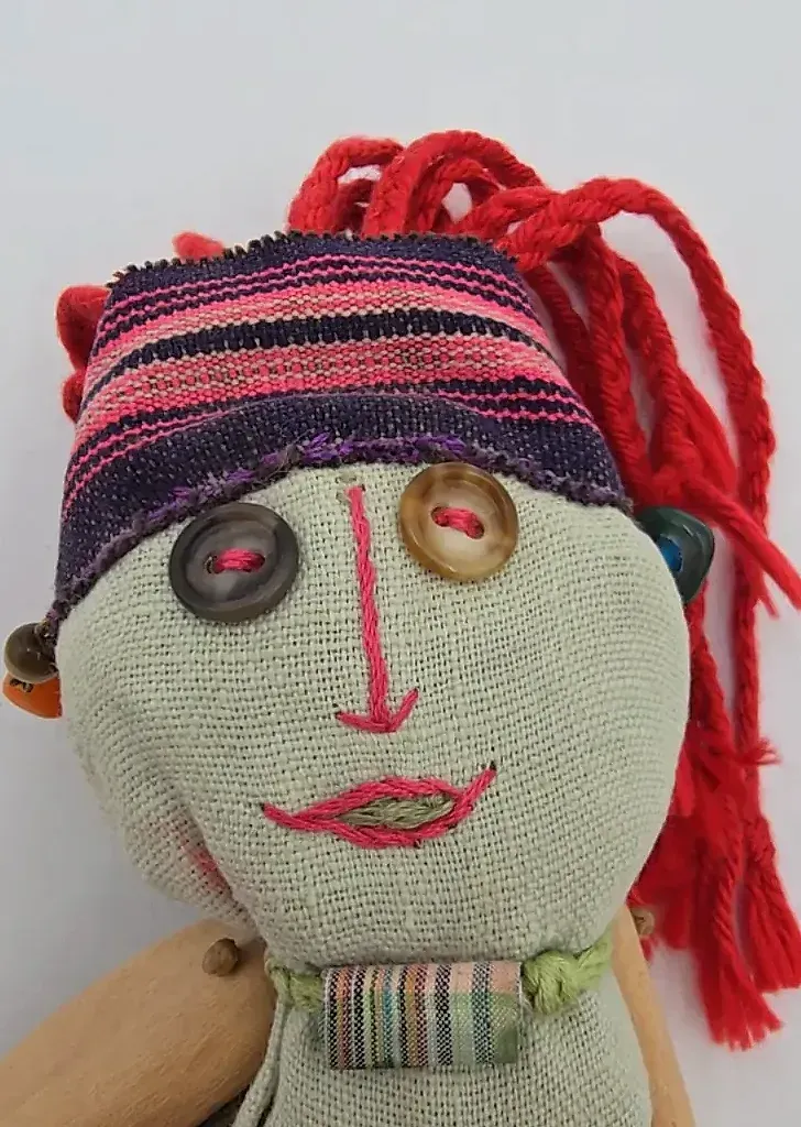 Handmade Folk Art Rag Doll Red Yarn Hair Wood Arms Textile — detail