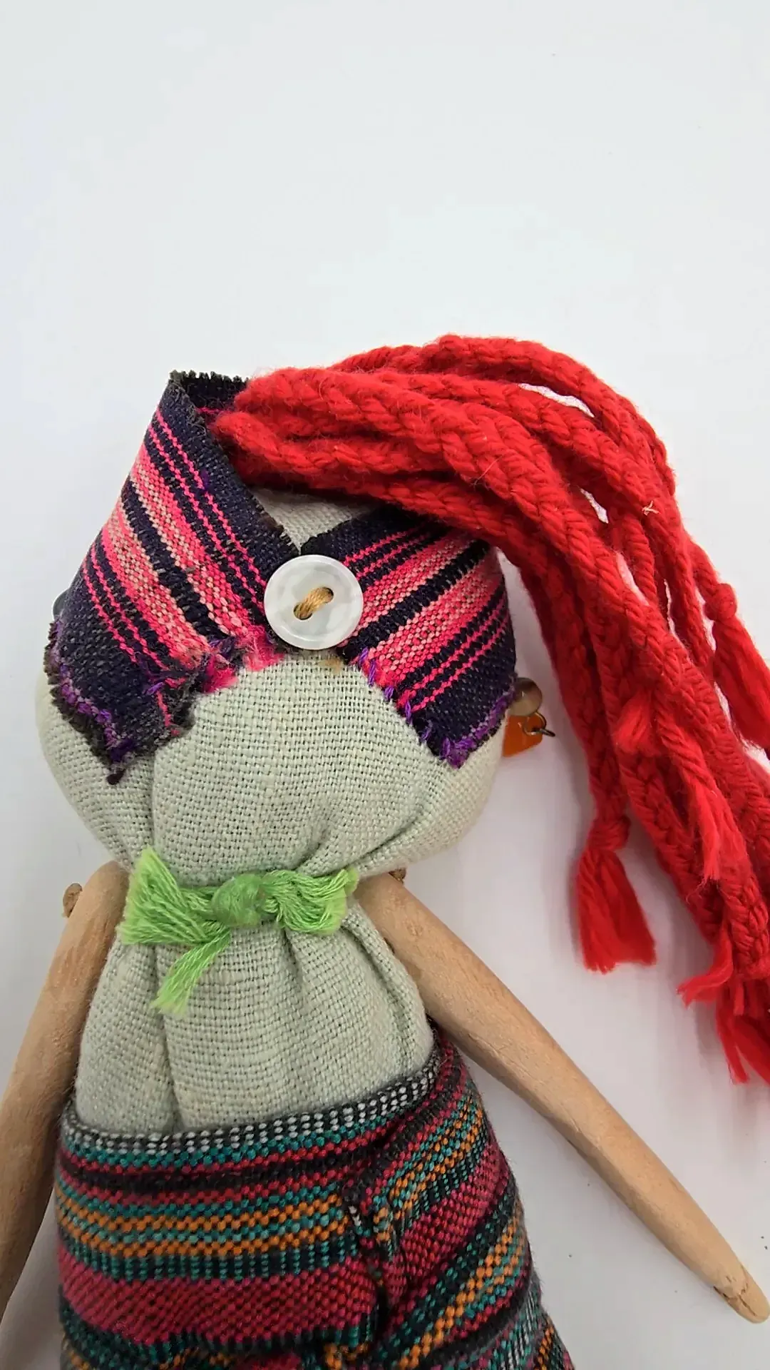 Handmade Folk Art Rag Doll Red Yarn Hair Wood Arms Textile — underside