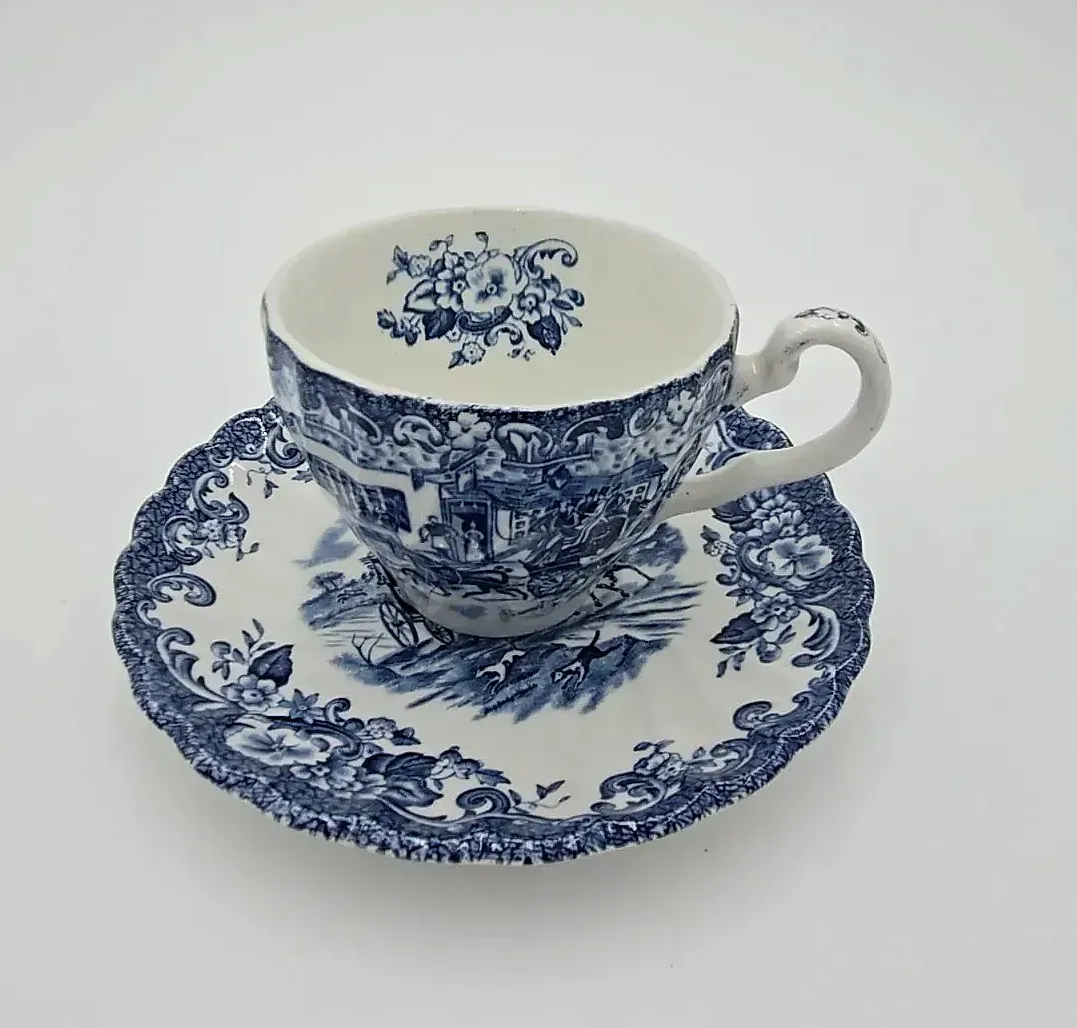 Johnson Bros Coaching Scenes Hunting Country Blue Transferware Tea Cup & Saucer England