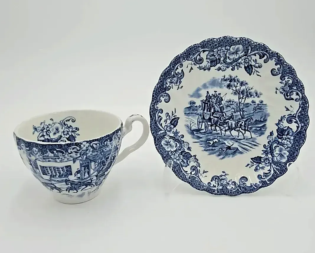 Johnson Bros Coaching Scenes Hunting Country Blue Transferware Tea Cup & Saucer England