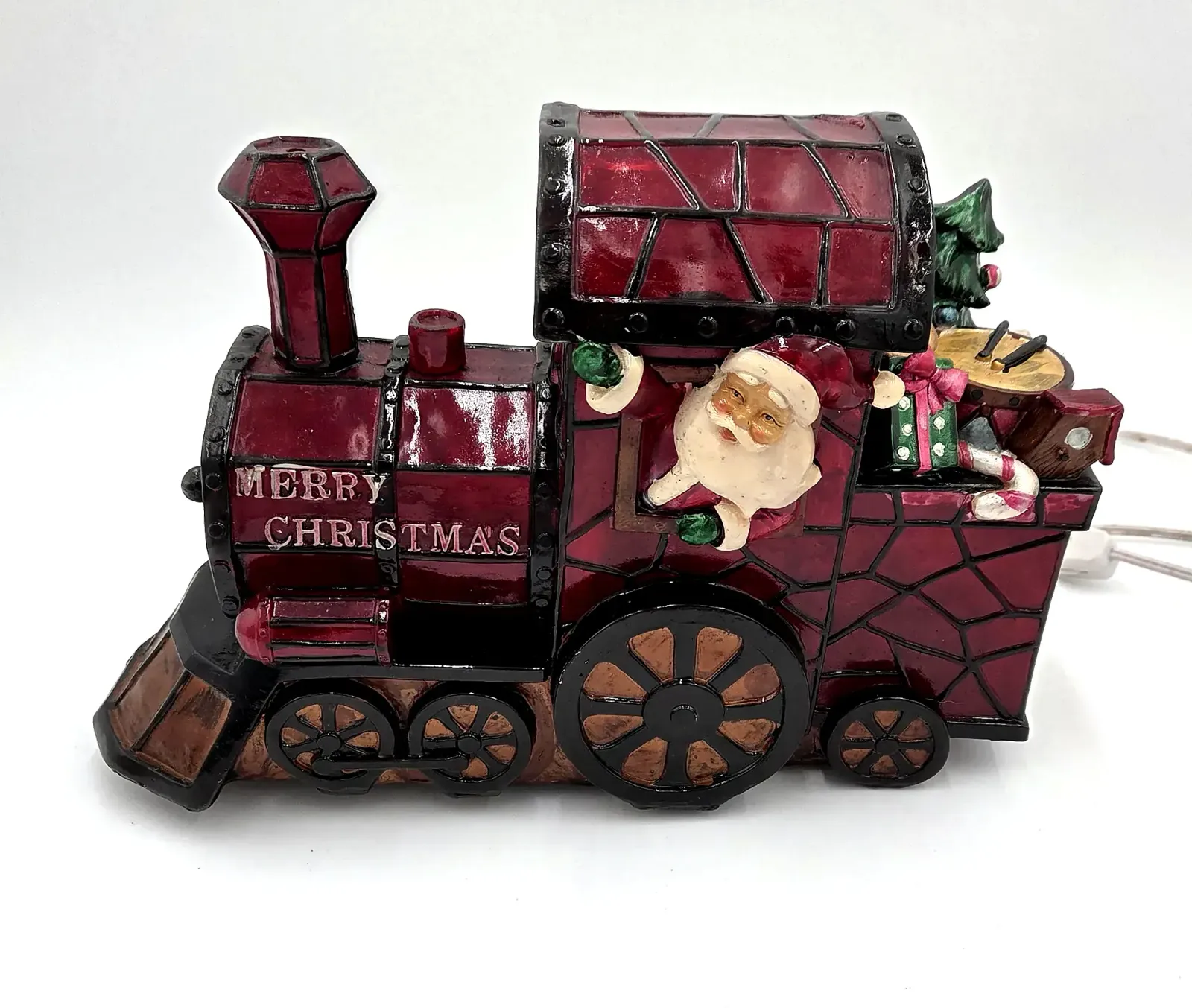 Vtg Lighted Christmas Train Santa Claus Faux Stained Glass Plastic Decor