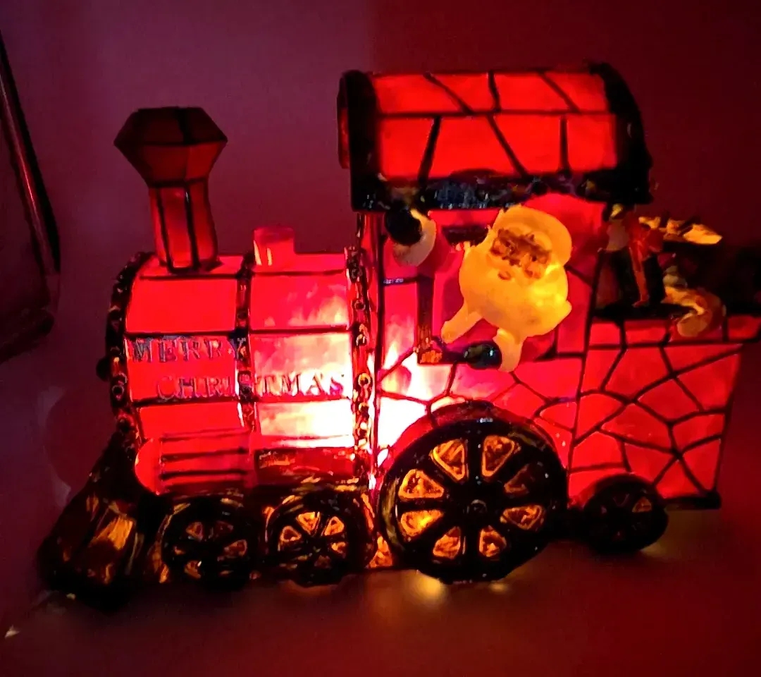 Vtg Lighted Christmas Train Santa Claus Faux Stained Glass Plastic Decor — side view