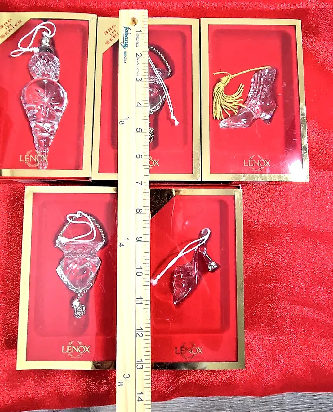 Lot of 5 Vintage Lenox Lead Crystal Christmas Ornaments  Boxed — underside